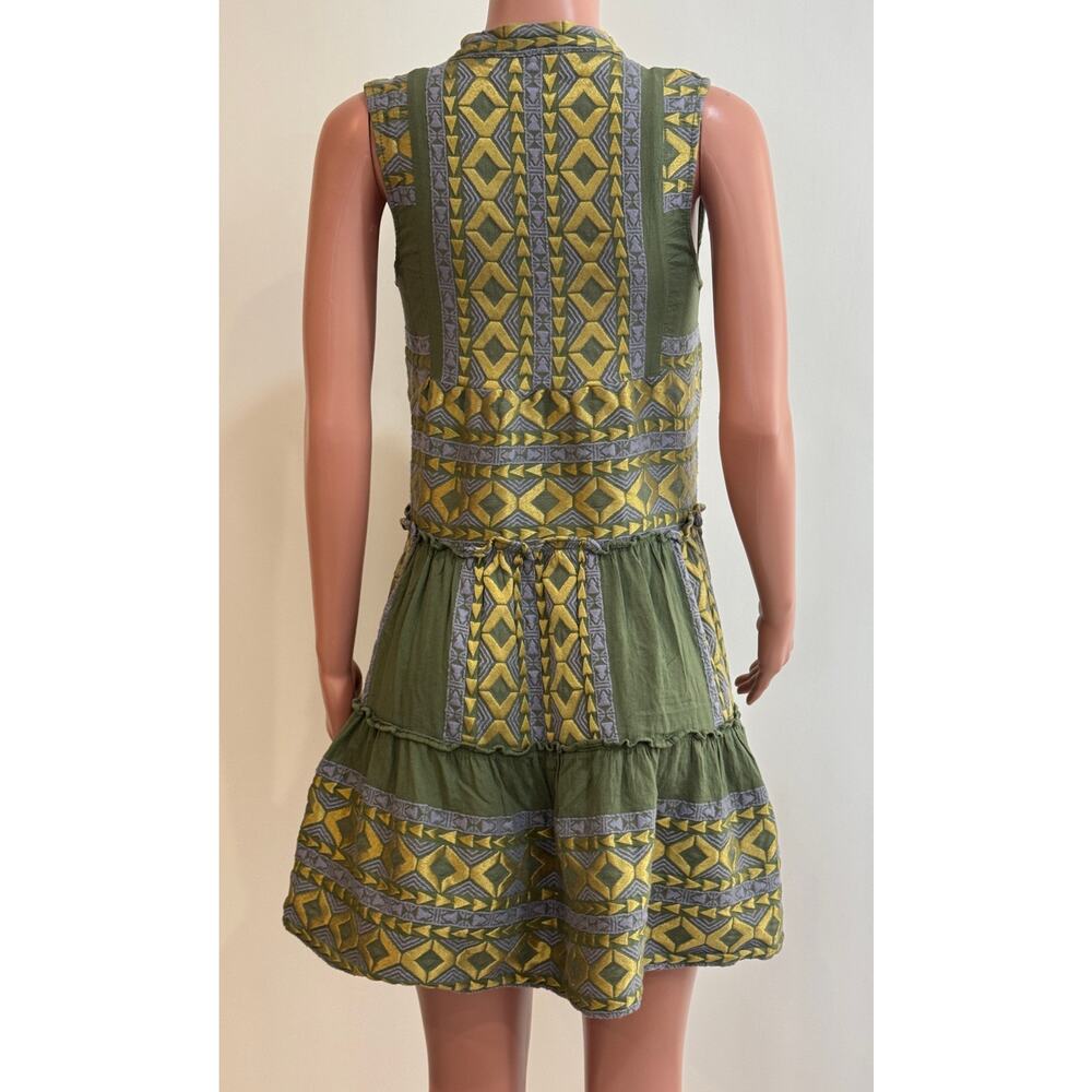 Lace The Label Embroidered Tiered Mini Dress Womens XS Green Gold Cotton Greece - Picture 4 of 13
